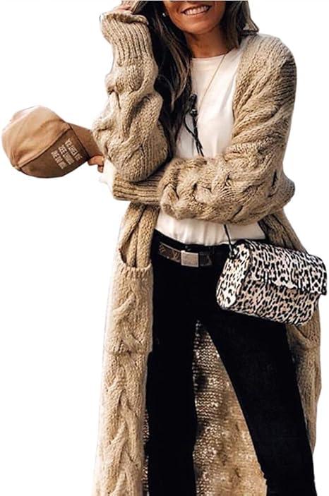 ZIWOCH Women's Long Cardigan Coats Cable Knit Casual Open Front Long Sleeve Loose Sweater with Pockets (Large, Brown)