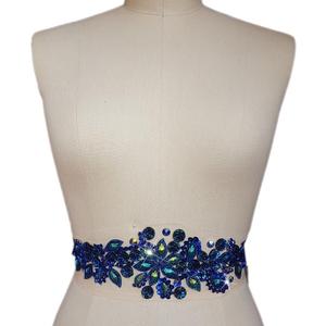 Fashion! Pure Handmade Bright Crystal Patches Sew-on Blue Rhinestones Applique with Stones Sequins Beads DIY for Wedding Dress Decor Accessory 3.9x14.2 Belt Waist Decoration