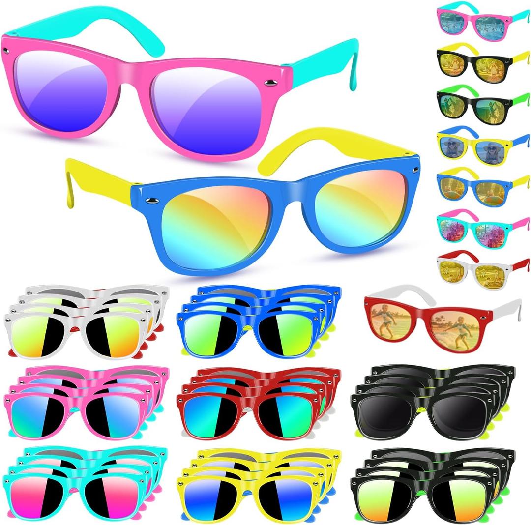 32 Pack Kids Sunglasses Bulk Party Favors, Neon Toddler Sunglasses Bulk for Age 3-8 Boys Girls with UV400 Protection for Party Favors (32 Pack-Color Block)