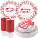 Shellwei 210 Pcs Christmas Dinnerware Sets, Christmas Disposable Plates Includes 30 Dinner Plates 30 Cups 30 Dessert Plate 30 Papers Napkins 30 Forks Knives Spoons for Xmas Party Supplies