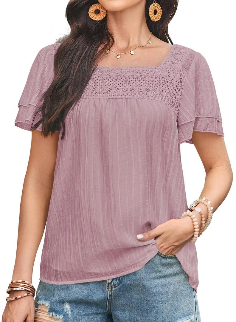 Falechay Summer Tops Short Sleeve Pink Tunic Tops for Women Lace Boho Womens Shirts Square Neck Womens Blouses Loose Peasant Clothing XL