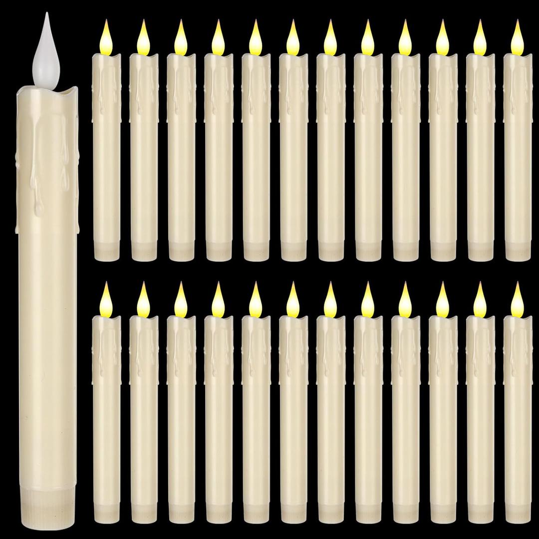 Baquler 24 Pcs 7.5 Inch Ivory Flameless Taper Candles Electric Fake Candle Sticks Battery Operated Flickering LED Candlestick Window Plastic Candle for Wedding Halloween Christmas Decor(No Battery)