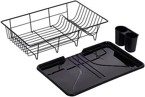 Sweet Home Collection Metal, Plasic ,Dish Drainer Drain Board and Utensil Holder Simple Easy to Use, 12" x 19" x 5", Black
