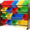 Humble Crew Toy Storage Organizer with 16 Removable Storage Bins for Kids Playroom, 4-Tier Toddler Toy Organization and Storage, Walnut/Primary
