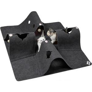 Cat Tunnel Play Mat for Indoor Cats, Felt Interactive Pet Toy with Hidden Ball, Enrichment Activity Rug, Collapsible Cave for Kittens & Small Pets (Dark Gray)
