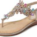 iCKER Women Rhinestone Sandals T-Strap Buckle Bohemian Pearl Crystal Flat Sandals-PD01-Gold-9, Size 41
