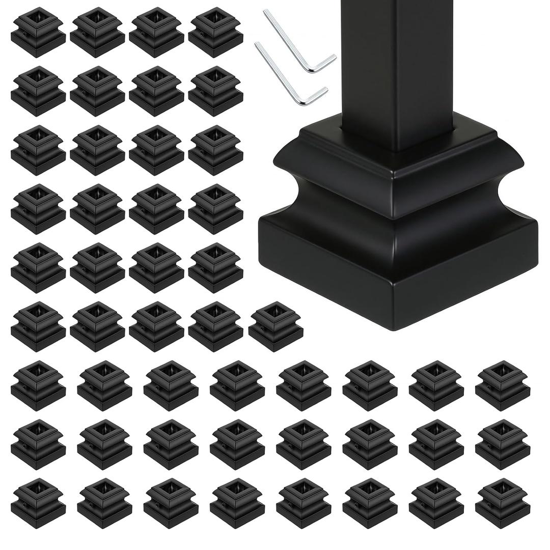 50 Pcs Iron Baluster Shoes Bulk, Stair Flat Shoe with Screw, Square Iron Balusters for 1/2 Inch Square Scroll Basket Twist Knuckle Staircase, Black