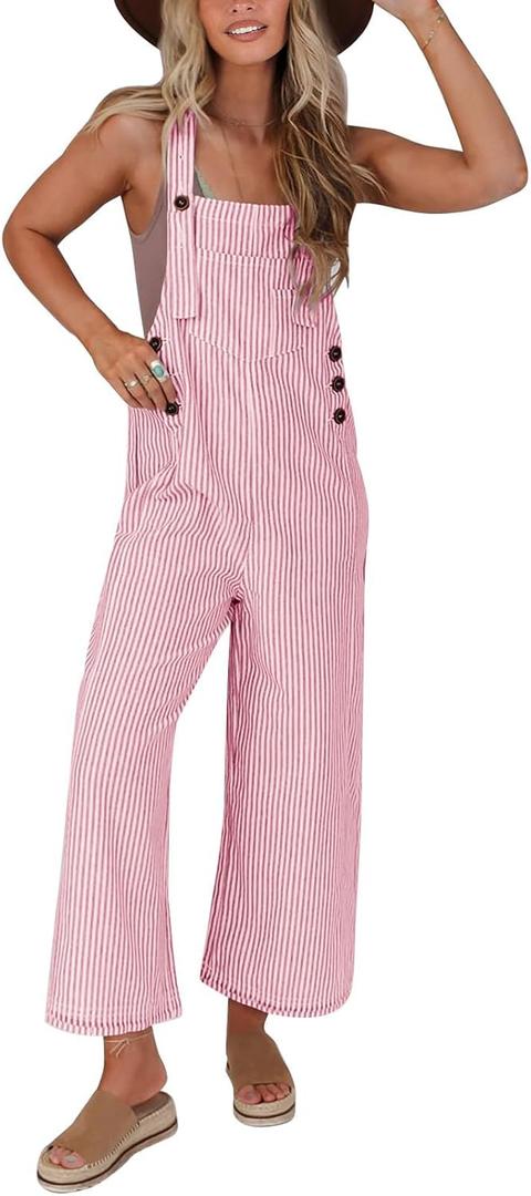 PRETTYGARDEN Overall Jumpsuit For Women 2025 Summer Casual Wide Leg Sleeveless Button Striped Jumpsuits Trendy Outfits (Pink, XXL)