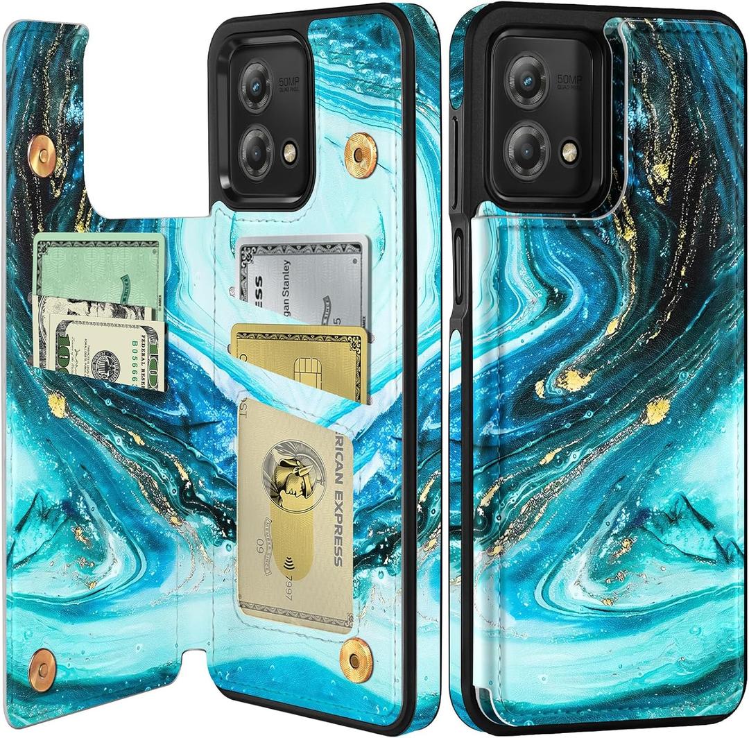 Shorogyt for Moto G Stylus 5G 2023 Wallet Case with Card Holder, Designer Marble Pattern Kickstand Back Flip Folio Leather Phone Cases for Women Men Girls Cyan