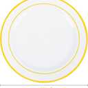 PULOTE 100PCS Gold Plastic Plates - 10 Inch White with Gold Trim Plastic Dinner Plates Disposable for Dinenr, Party, Wedding & Thanksgiving