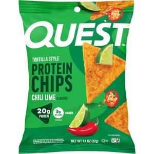 Quest Nutrition Chili Lime Tortilla Style Protein Chips, 20g Protein, 3g Net Carbs, Low Carb, Gluten Free, 1.1 oz (Pack of 12) (EXP 10/25/25)