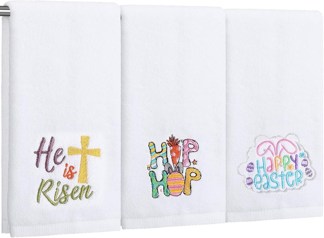 3 Pcs Embroidered Easter Hand Towels Cotton 14 x 30 Inch Happy Easter Bathroom Kitchen Bunny Decorative Dish Towel for Hand Drying Cleaning Cooking Housewarming Gift (White)