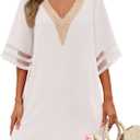 AI'MAGE Women's Swimsuit Cover Up 3/4 Bell Sleeve Loose Beachwear Deep V-Neck Bikini T-Shirt Beach Dress XL