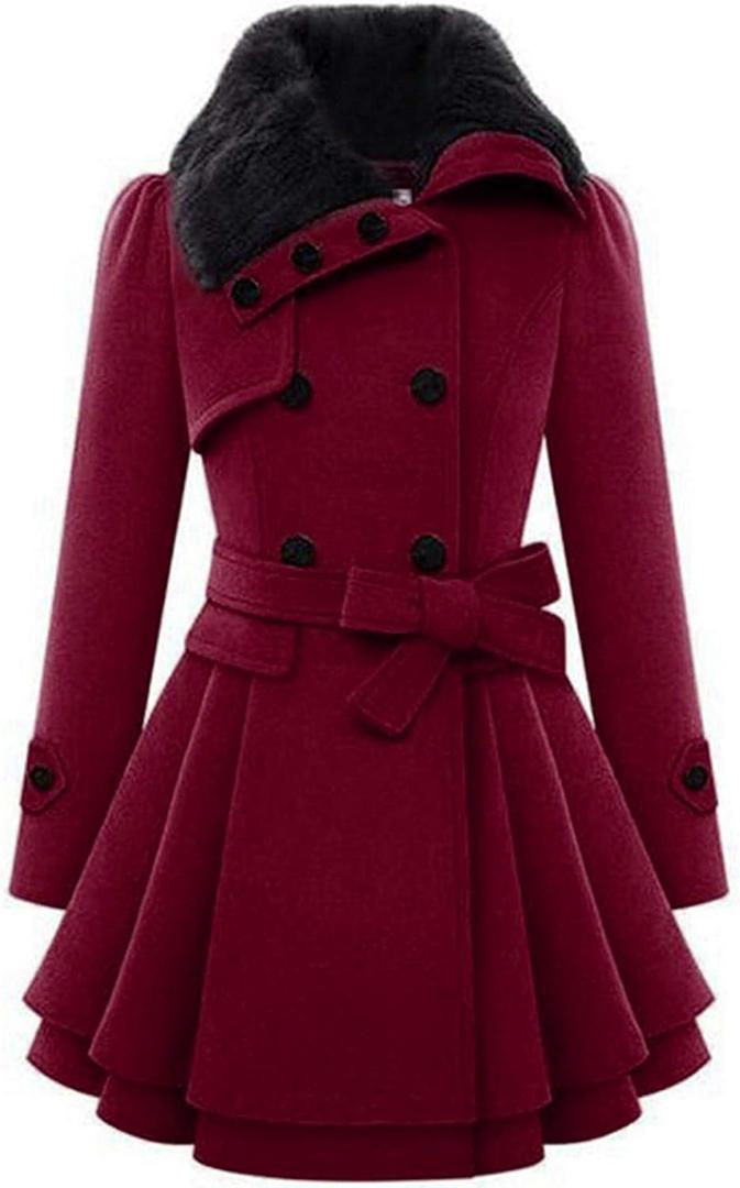 Zeagoo Women's Fashion Faux Fur Lapel Double-Breasted Thick Wool Trench Coat Winter Warm Jacket S-2XL (New_wine Red)