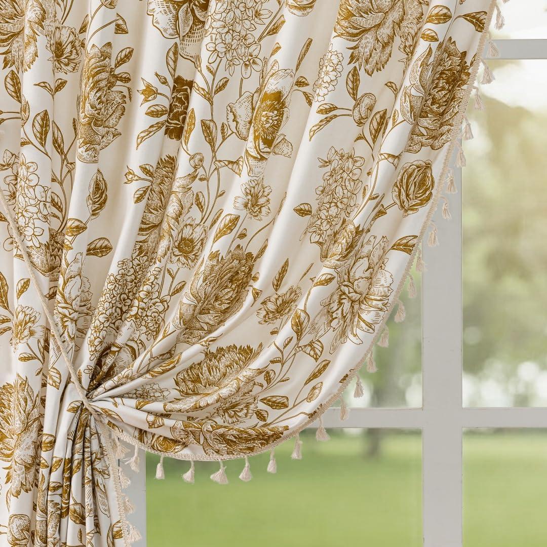F-CHU Bohemian Floral Curtains 63 in Long Patterned Curtain for Bedroom Cotton Linen Blend Farmhouse Style French Country Brown Khaki Floral and Plant Designs Kitchen Curtains 55" W x 63" L