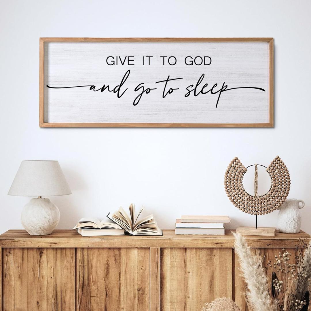 Give It to God and Go to Sleep Decorative Rustic Sign & Plaque Framed Wall Art for Couples, 40''15'' Vintage Cottagecore Wooden Horizontal Wall Decor Above Bed, Farmhouse Wedding Gift for Bedroom