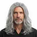 Long Curly Wavy Grey Wigs for Men Synthetic Natural Cosplay Halloween Costume Party Wig, 16inch