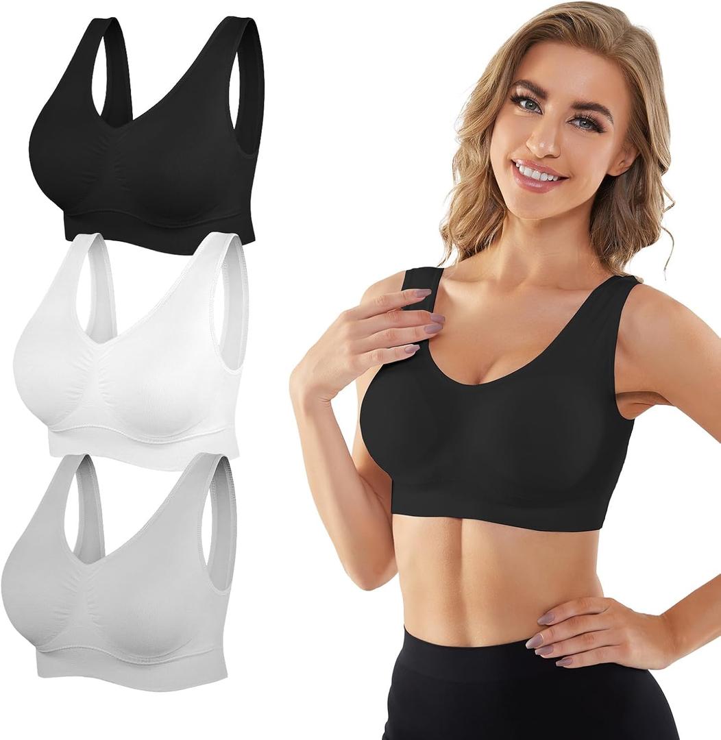 YADIFEN 3 Pack Womens Sports BrasWireless Comfortable Seamless Sleep Yoga Sports Bras for Women with Removable Pads (Black+white+grey)