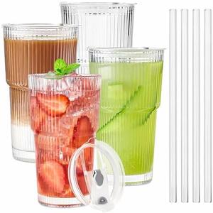 TUZAZO 20 Oz Glass Tumblers with Lids and Straws - 3 Pack Ribbed Glass Iced Coffee Cup with Straw and Lid, Thicken Glasses, Ideal for Smoothieds, Cocktails, and Juices