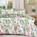 Green Comforter Set Queen Size Floral 7-Piece Bedding Set,Botanical Comforter Set with Pillowcases,Soft Microfiber Complete Bedding Sets for All Season