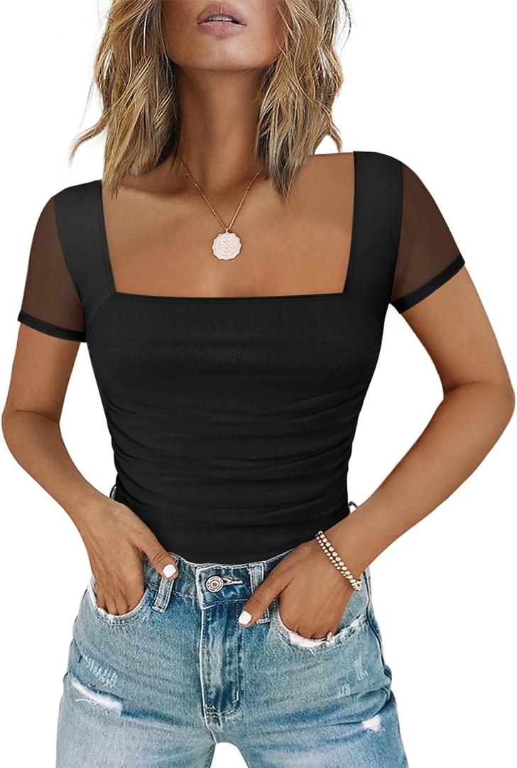Chunpin Women's Square Neck Bodysuit Ruched Top Mesh Long Sleeve Bodysuits Thong Body Suits Leotard Shirt Going Out, M