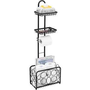 Oasis Creations Toilet Paper Holder Tissue Rack Stand with Magazine Toilet Roll Storage Basket- Freestanding, Black Metal