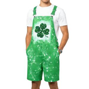 ZenGents Mens St. Patrick's Day Overalls 3D Green Irish Shamrocks Summer Shorts Bib Cool Graphic Jumpsuit Outfits for Men M