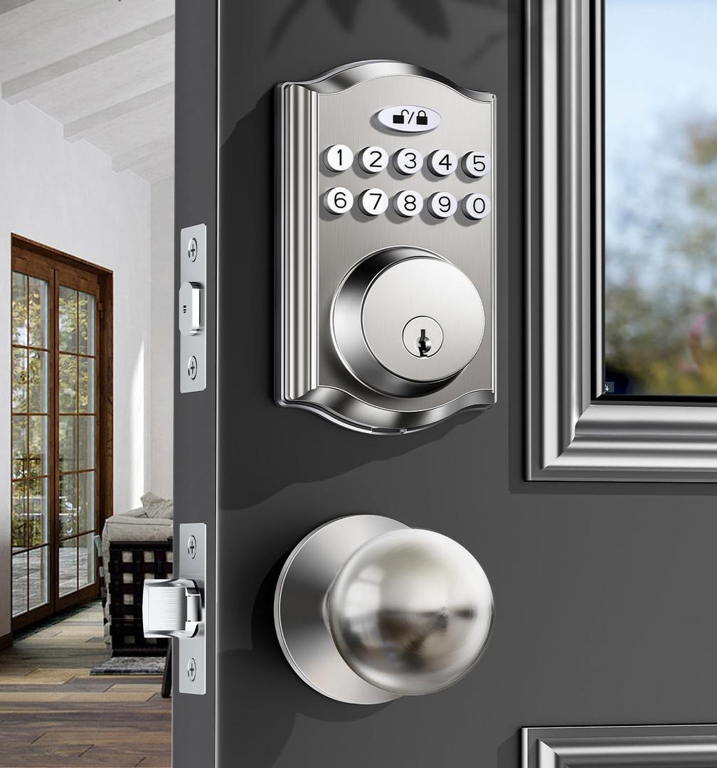 Keyless Entry Door Lock with 2 Knobs, Electronic Backlit Keypad Deadbolt with Handle Set, Auto Lock, One-time Codes, Smart Deadbolt for Front Door, Easy Installation (Satin Nickel)