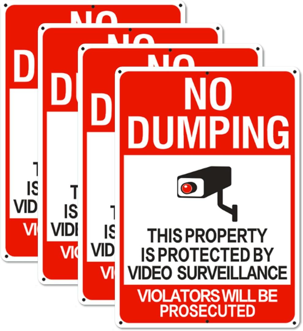 No Dumping Signs, 14x10 Inch Property Protected by Video Surveillance Sign, Reflective Aluminum, Fade-Resistant/Waterproof, Suitable for Indoor or Outdoor Use (4)