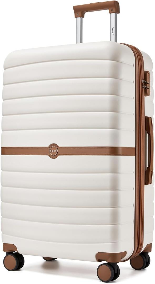 Kono Expandable 28 Inch Luggage with Spinner Wheels, Large Checked Luggage with Lock, Lightweight & Anti-Scratch PC+ABS Hardshell Travel Suitcase, White/Brown
