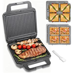 FineMade 3 in 1 Panini Grill Press with 3 Removable Plates, Breakfast Sandwich Maker, Electric Griddle Panini Press, Grilled Cheese Maker, Sandwichera Electrica, Belgian Waffle Maker