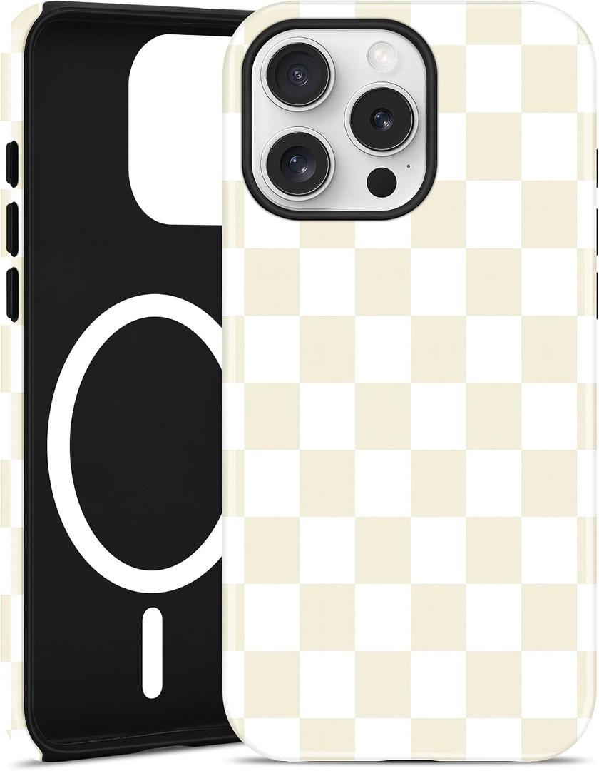 Jusy Compatible with MagSafe Checkerboard Phone Case for iPhone 16 Pro, Cute Aesthetic Checkered Magnetic Soft TPU and Hard PC Protective Phone Cover for Women Girls（Matte） - Beige
