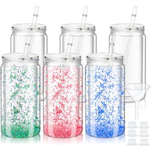 6 Pcs Plastic Globe Tumbler,16 oz Double Wall Tumbler with Lid