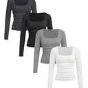 SOLY HUX Girl's 4 Piece T Shirt Square Neck Long Sleeve Ruched Tee Slim Fit Fall Tops Multi 9Y