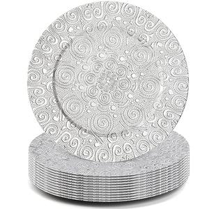 SOUJOY 12 Pack Charger Plates, 13 Inch Silver Plastic Charger Plate, Round Phoenix Pattern Elegant Serve Ware Plates for Weddings, Parties, Anniversary, Thanksgiving