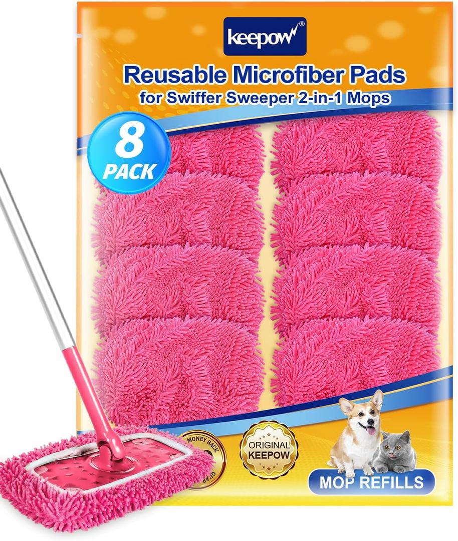 Keepow 8 Pack Reusable Mop Pads Compatible with Swiffer Sweeper, Chenille Mop Refill Pads, Dry & Wet Mopping Cloths for Floor Cleaning -Pink