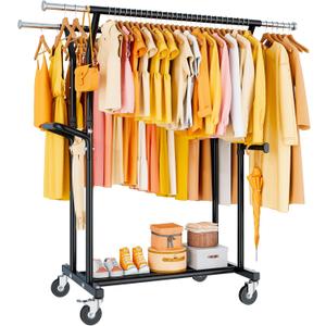 Heavy Duty Clothes Rack: 800LBS Rolling Clothing Garment Rack for Hanging Coat Double Rods Portable Cloth Racks with Wheels Shelf Sturdy Metal Adjustable Wardrobe Bedroom Laundry Living Room