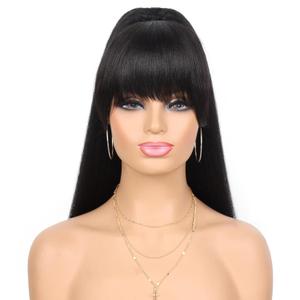 G&T Wig Yaki Drawstring Ponytail Extension with Bangs - Long Yaki Straight Clip in Ponytails Extension for Black Women Synthetic Hairpiece for Daily Party Use (1B, 24 inch)