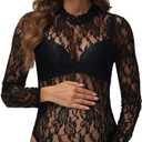 Women's Sheer Lace Maternity Bodysuit for Photoshoot Long Sleeve Turtleneck Floral Pregnancy Tops Jumpsuit (Black, M)