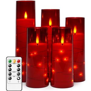 Kakoya Flameless LED Candles with Timer 5 Pc Flickering Flameless Candles for Romantic Ambiance and Home Decoration Stable Acrylic Shell,with Embedded Star StringBattery Operated CandlesRed