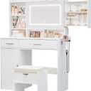 Viaozutis Vanity Desk with Mirror and Lights, with Hidden Shelves,4 Compartments,2 Drawers,Cabinet & Stool,Dimmable LED Lights,Power Outlets, Ideal for Bedroom Vanity Organization(White)