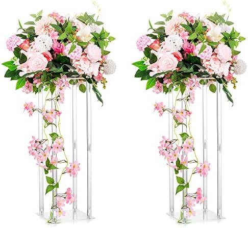 Inweder Geometric Acrylic Vases - 2 Pcs Clear Column Flower Stands, 23.6in Tall, Bulk Wedding Centerpieces for Tables, Home Decor