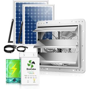 10" Solar Exhaust Fan for Greenhouse with Battery and Adjustable Thermostat, Attic Fans for Garage and Shed with 2PCS 15W Bifacial Solar Panels