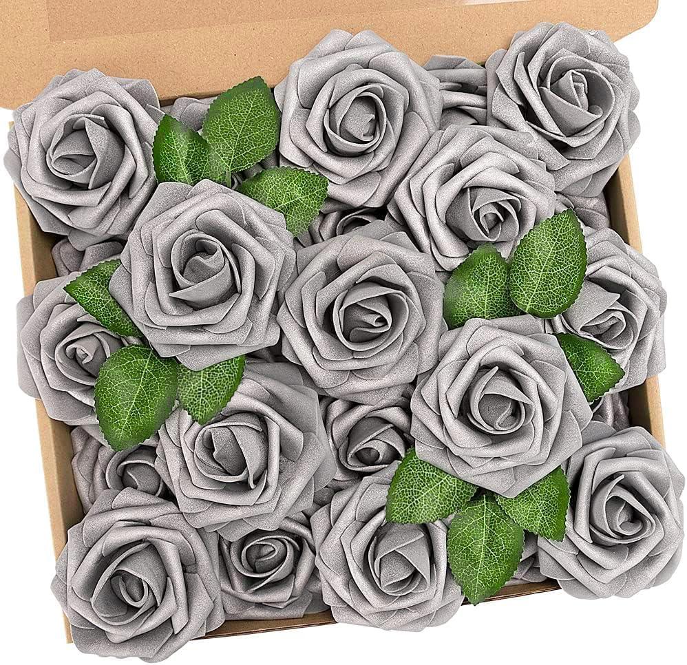 N&T NIETING Artificial Flowers, Fake Flowers Roses Perfect for DIY Wedding Bridal Bouquets Centerpieces Bridal Shower Party Home Flower Arrangement Decorations, 25Pcs, Silver Gray