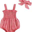 Newborn Baby Girl Bodysuit Sleeveless Halter Frill Romper One-piece Jumpsuit with Headband Summer Clothes Set (3-6 Months, Red)