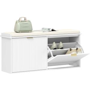 HOMCOM Shoe Bench with Padded Seat Cushion and 2 Flip-Drawers, Entryway Bench Holds up to 529lb, Shoe Cabinet, 40.9x10.2x18.7 Inches, White
