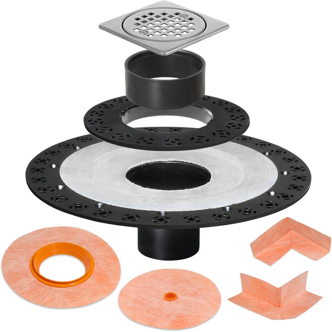 Shower Drain Kit Compatible with Schluter Kerdi System with Integrated Bonding Flange 4" Stainless Steel Square Drain Grate 2" Outlet and Waterproof Corner Seals, Silver