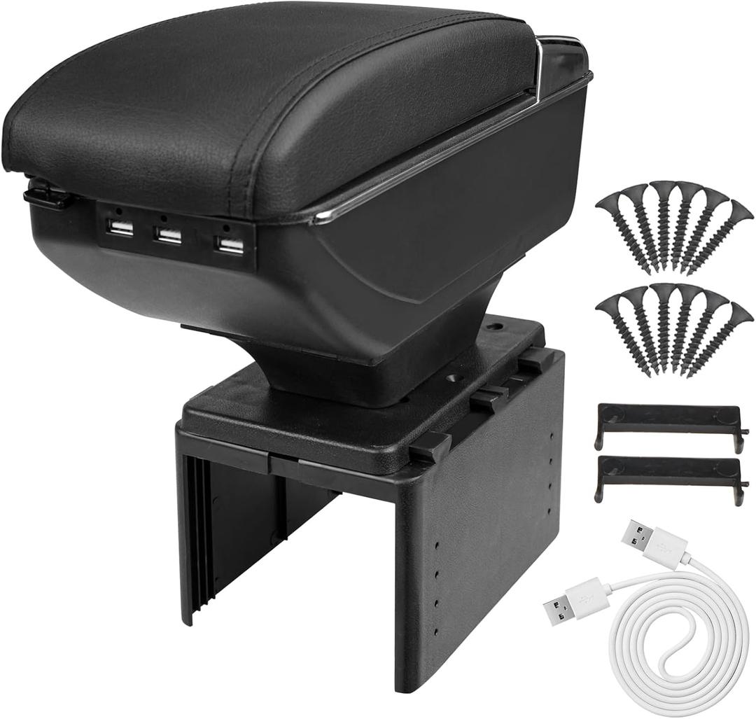 Universal Car Armrest Box with Double Layer Storage, Black Leather and USB Charging Ports