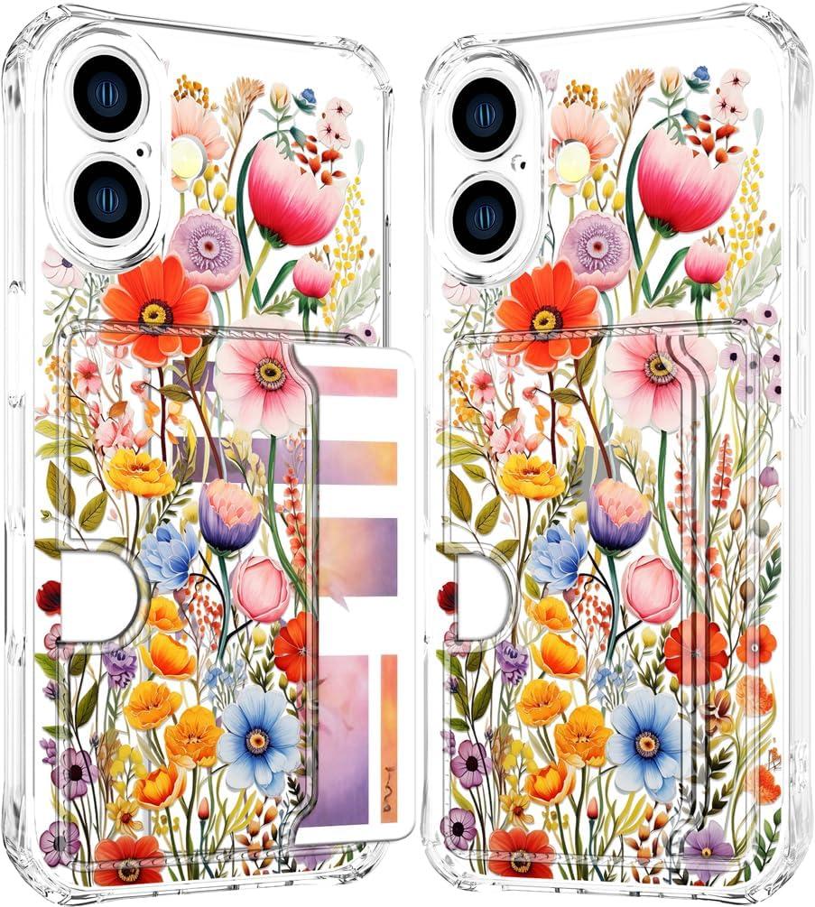Compatible with iPhone 17 Case Card Holder for Women Cute Design,Wallet Phone Cases Transparent Cool Kawaii Protective (Clear Flowers Lily Girly Florals)