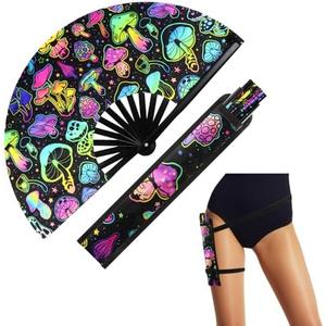 FairySandy Large Rave Fan UV Glow Hand Fan with Holster for Men/women, Disco Party Favor for Edm Music Festival Club Rave Accessories(Reflective Mushroom) Don't Have Cover